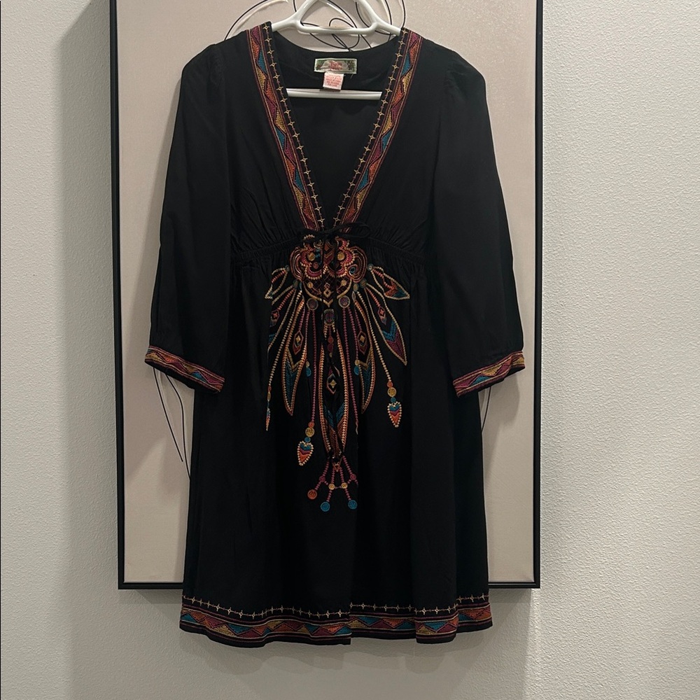 Boho Black Dress with Vibrant Embroidery